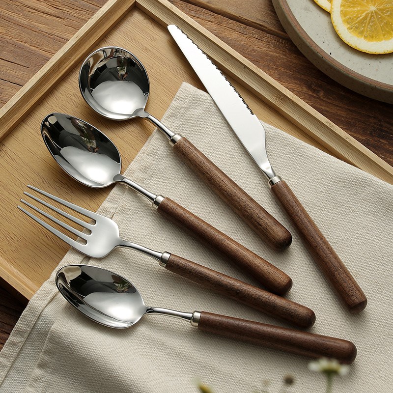 胡桃木叉勺子加厚304不锈钢家用高档木柄吃饭汤匙长柄叉子喝汤勺