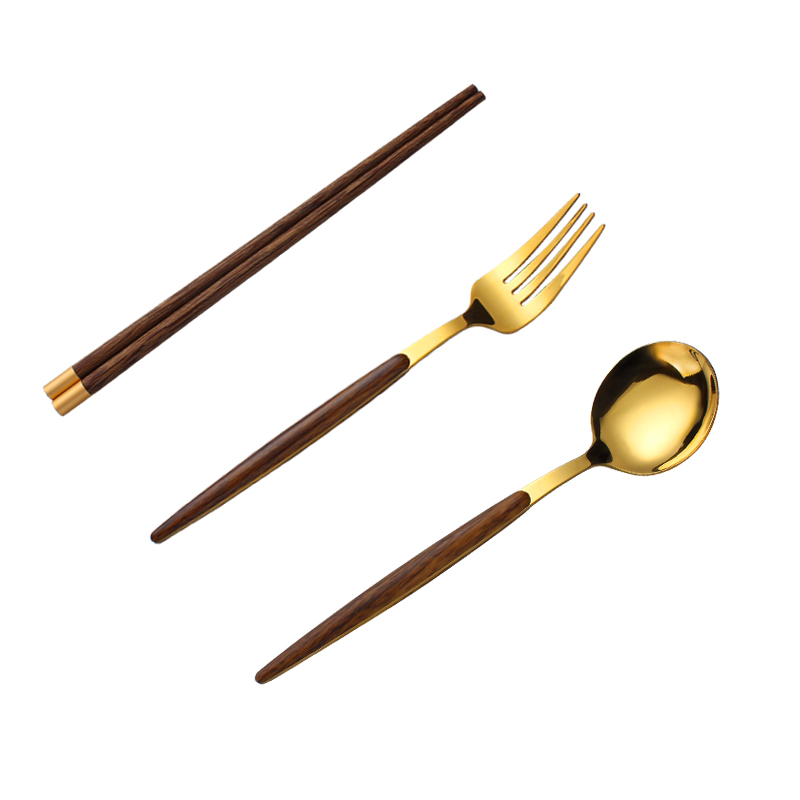 餐具木质筷子勺子套装叉子便携式旅行外带餐具盒金色三件套装学生