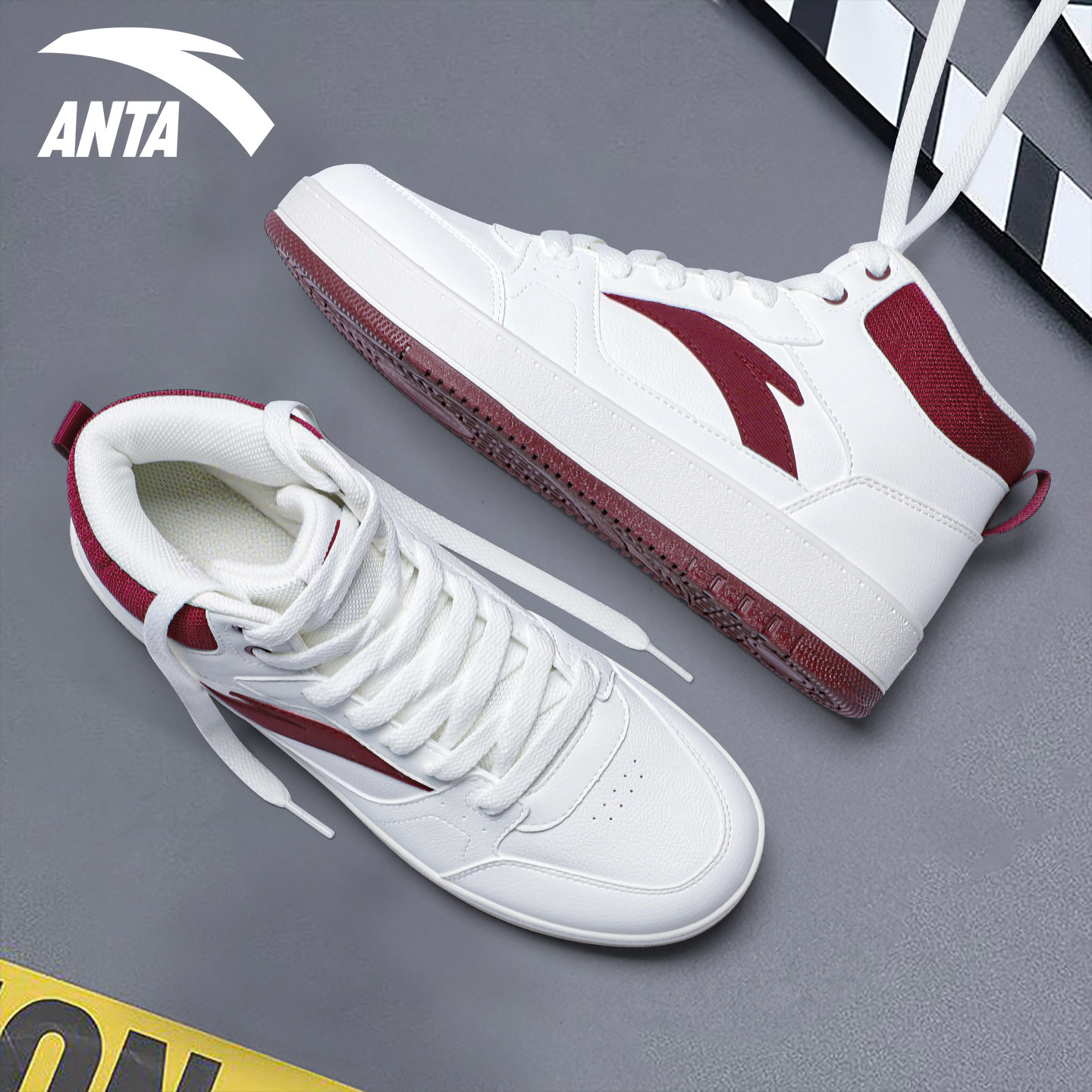 安踏板鞋青少年男初中生皮面鞋子新款正品红色厚底男士运动休闲鞋