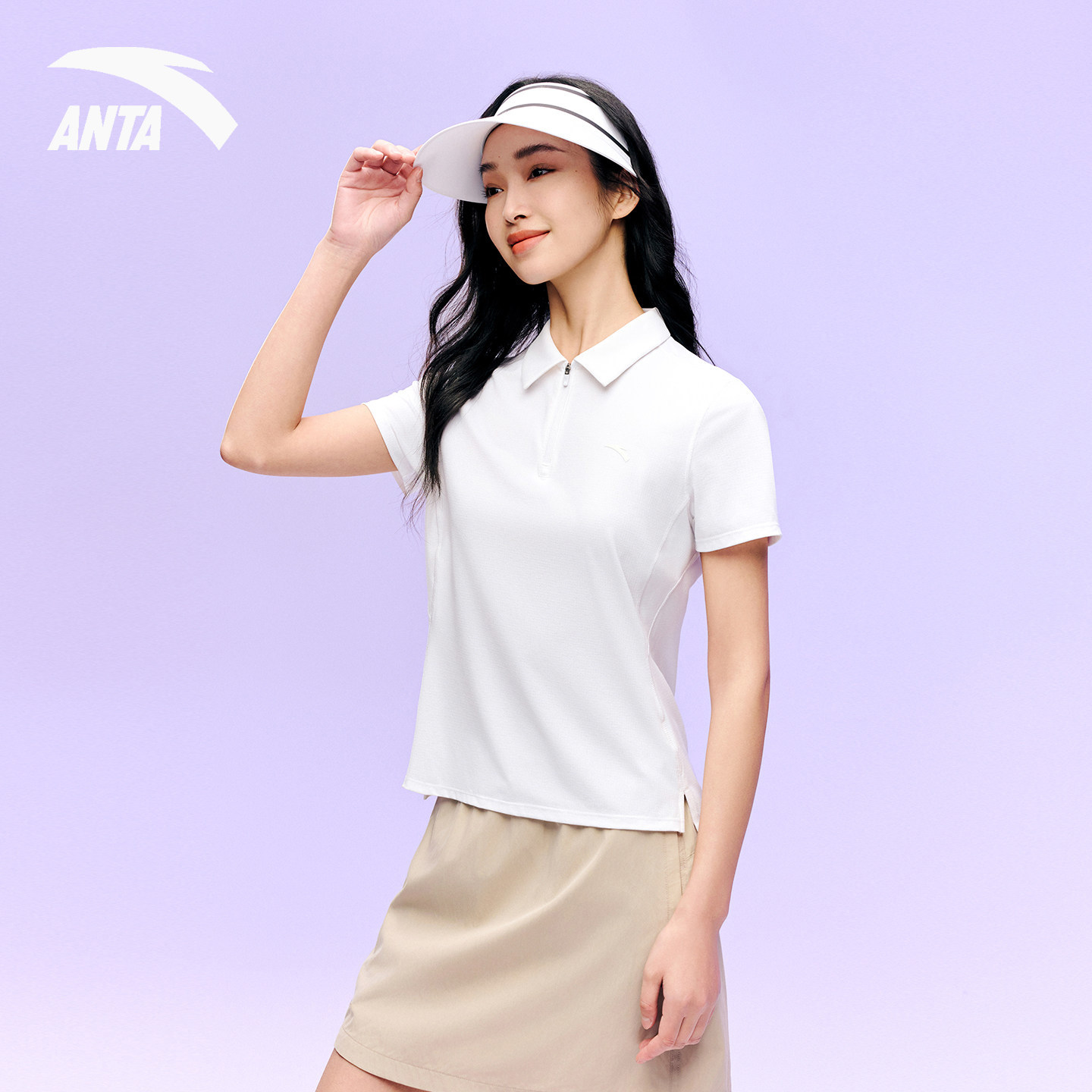 安踏速干衣正肩短袖女款POLO衫夏季透气防晒T恤白色健身运动上衣