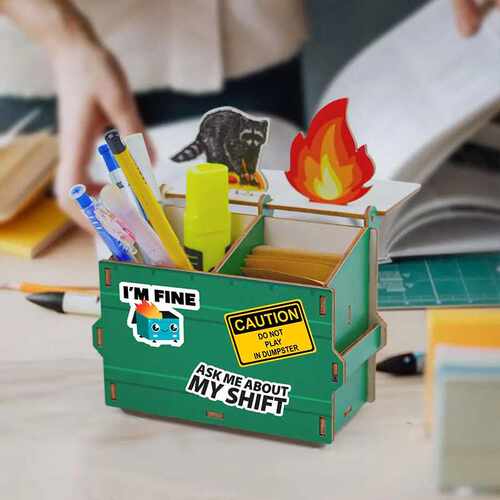 Dumpster Fire亚马逊跨境新品办公桌收纳架装饰木制笔筒桌面摆件
