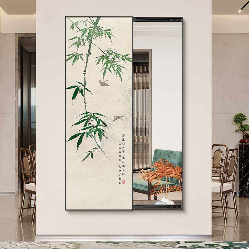 竹报平安客厅隐藏式推拉全身镜新中式竹子玄关挂画穿衣镜子装饰画