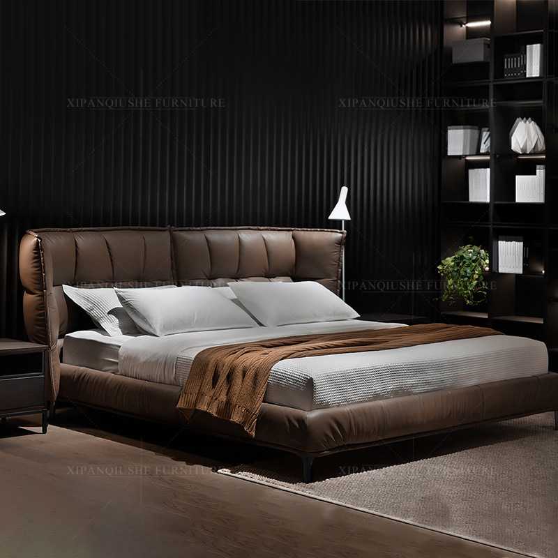 北欧极简真皮床主卧现代简约风格意大利高端卧室软包床1.8米皮床