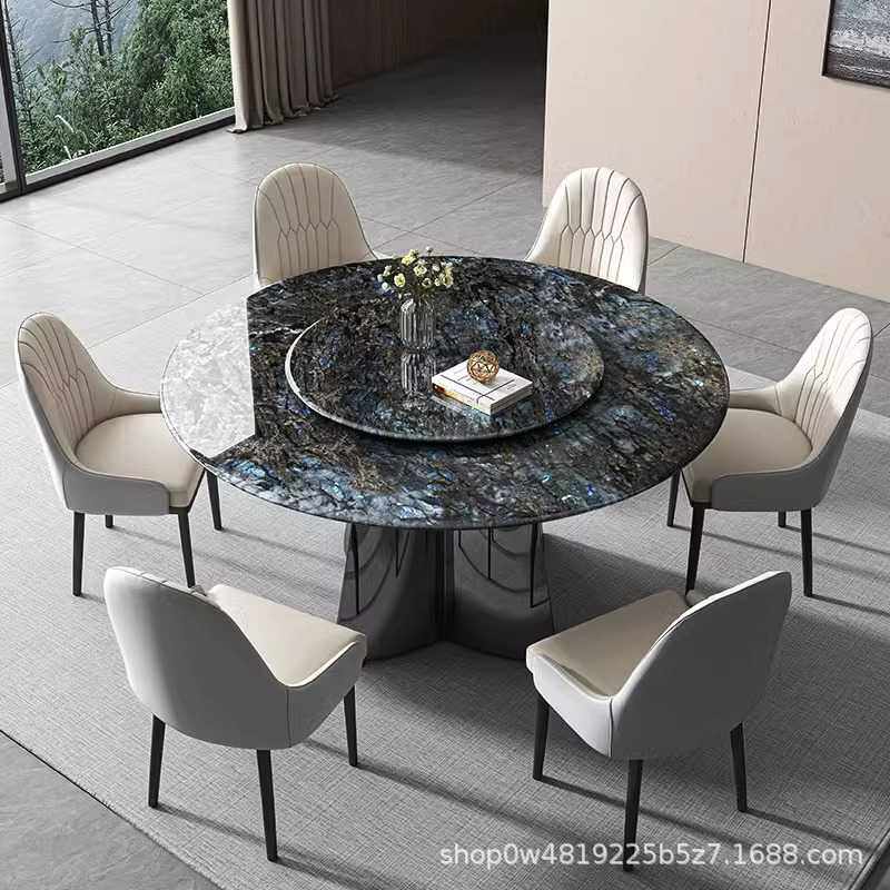 天然大理石圆餐桌奢石现代轻奢客厅高端蓝翡翠微晶石超晶石餐桌椅