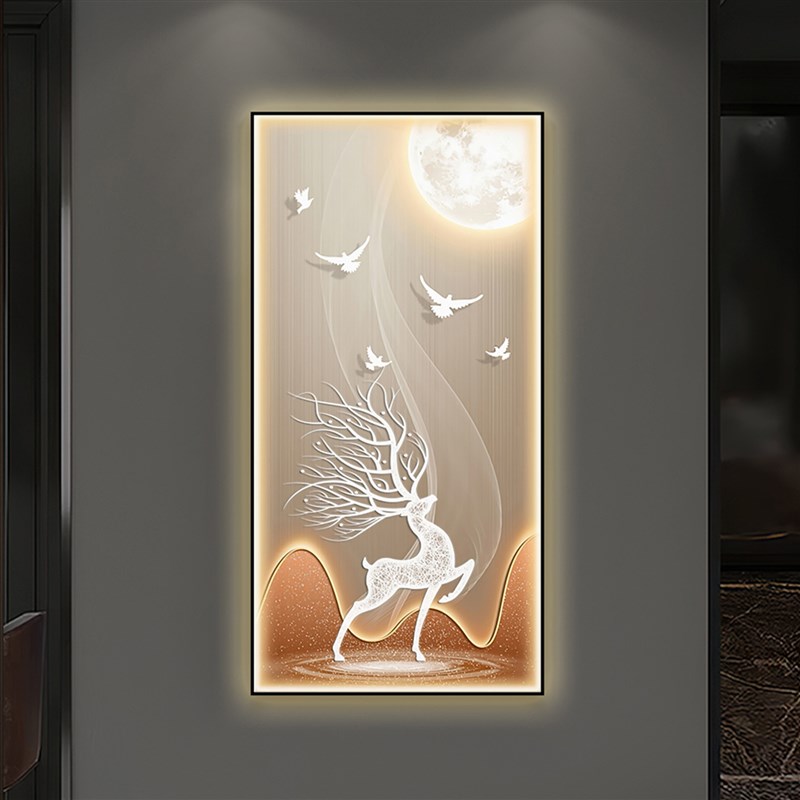 星空麋鹿轻奢风入户玄关晶瓷装饰画欧式过道挂画现代简约竖版壁画图片