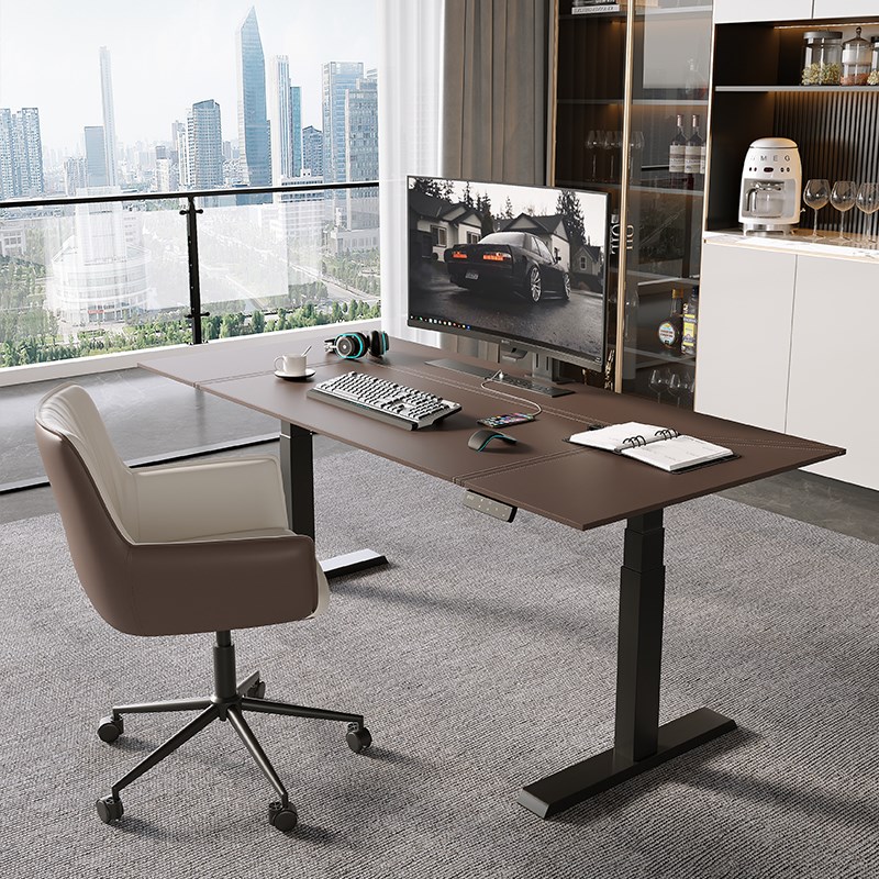 电动升降桌马鞍皮智能书台桌站立式工作台学习桌办公台实木电竞桌
