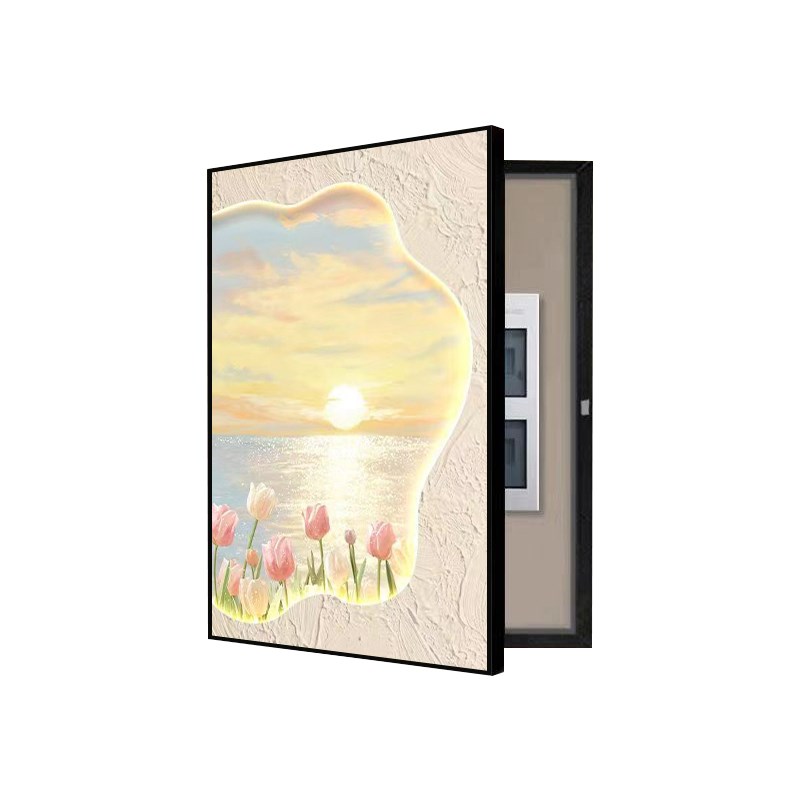 奶油风郁金香竖版电表箱装饰画治愈海景配电盘电闸箱遮挡餐厅壁画