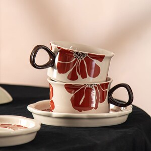 纪恋复古红色咖啡杯碟精致花卉陶瓷下午茶水杯小众送闺蜜生日礼物
