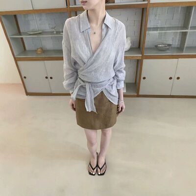 爱与南希十三行2026夏韩系苎麻薄款透气防晒系带条纹衬衫女04566