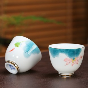 大号加厚手绘描金主人杯陶瓷茶杯羊脂玉甜白S瓷功夫茶具品茗杯