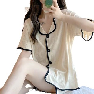 短袖 可爱学E生休闲小清新翻领家居服可外 睡衣女春夏开衫 棉质韩版