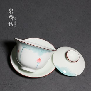 功夫茶具家用女士茶具 手绘荷花盖碗陶瓷三才t泡茶碗新中式
