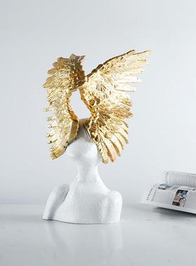 现代创意艺术翅膀人像雕塑树脂摆件客厅家居装饰品样板房软装摆设