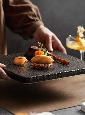 石纹创意四方形日式菜碟家用黑色西餐盘牛排盘盘子ceramic bowl