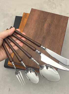 304不锈钢西餐餐具 家用牛排刀叉勺甜品勺鸡翅木手柄5件套礼盒装