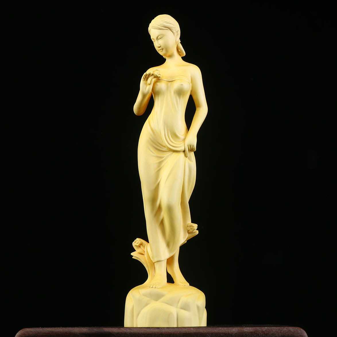 黄杨木雕花样年华长裙少女摆件 实木中式家居装饰人物美女工艺品