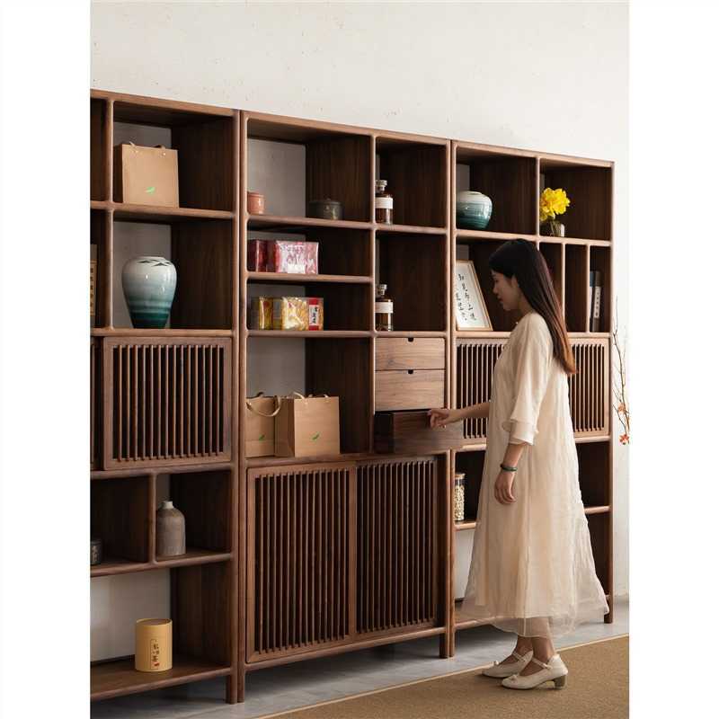 新中式全实木书柜黑胡桃木博古架展示柜储物柜老榆木收纳置物书架