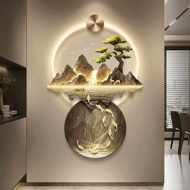 轻奢入户玄关装饰画新中式流水生财山水灯画高档走廊过道立体壁饰