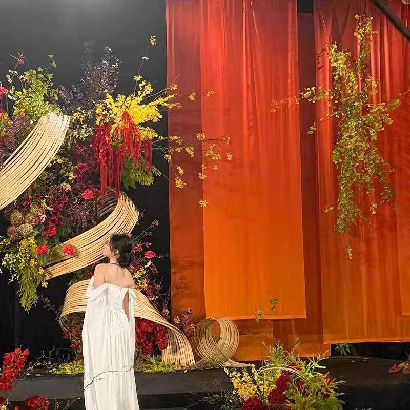 定制纱缦婚礼橘红橙渐层色半透纱打印雪纺装饰屏风纱婚庆背景布幔