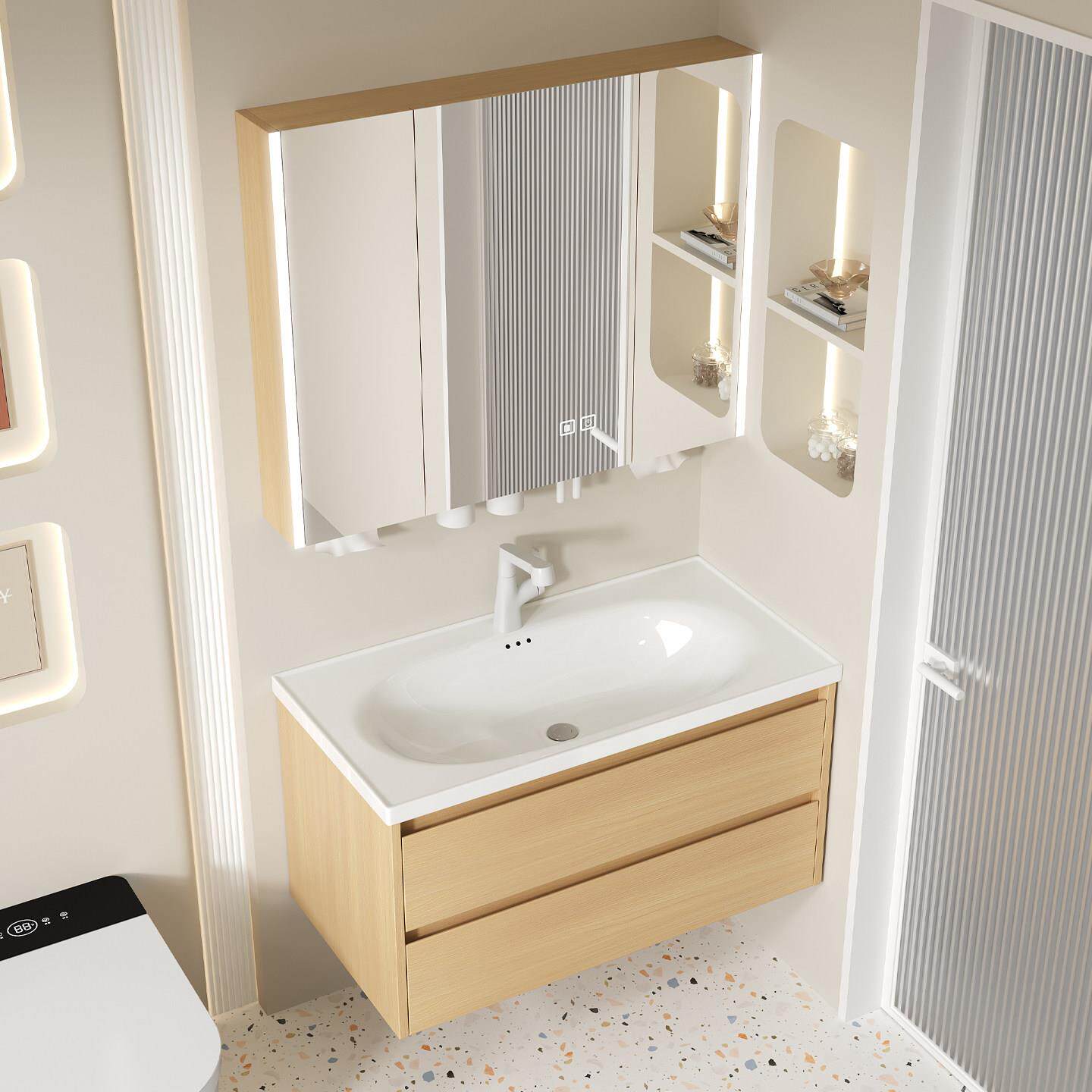 原木色实木浴室洗脸盆柜组合卫生间陶瓷洗手盆柜挂墙式欧式洗漱台