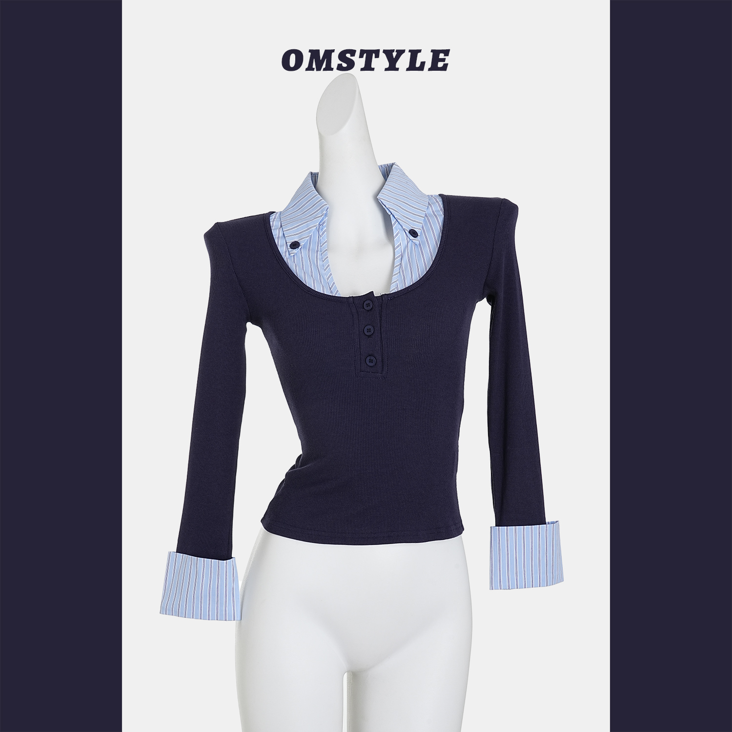 学院风polo领长袖假两件拼接T恤