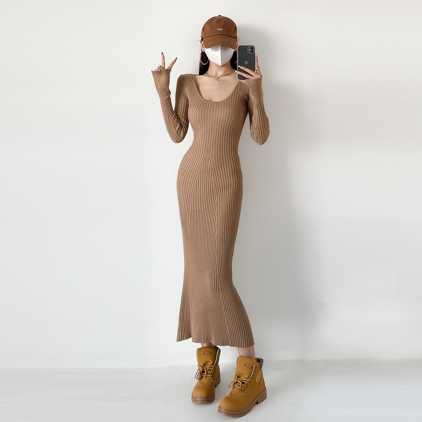 欧美风针织纯色深V领显身材长裙