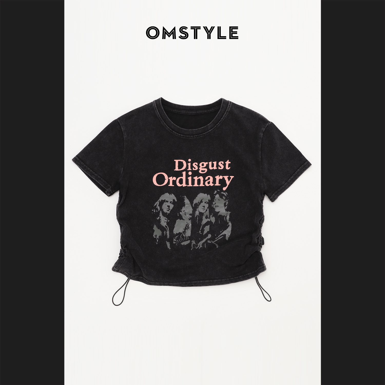 短袖复古风厚印花水洗棉女抽褶