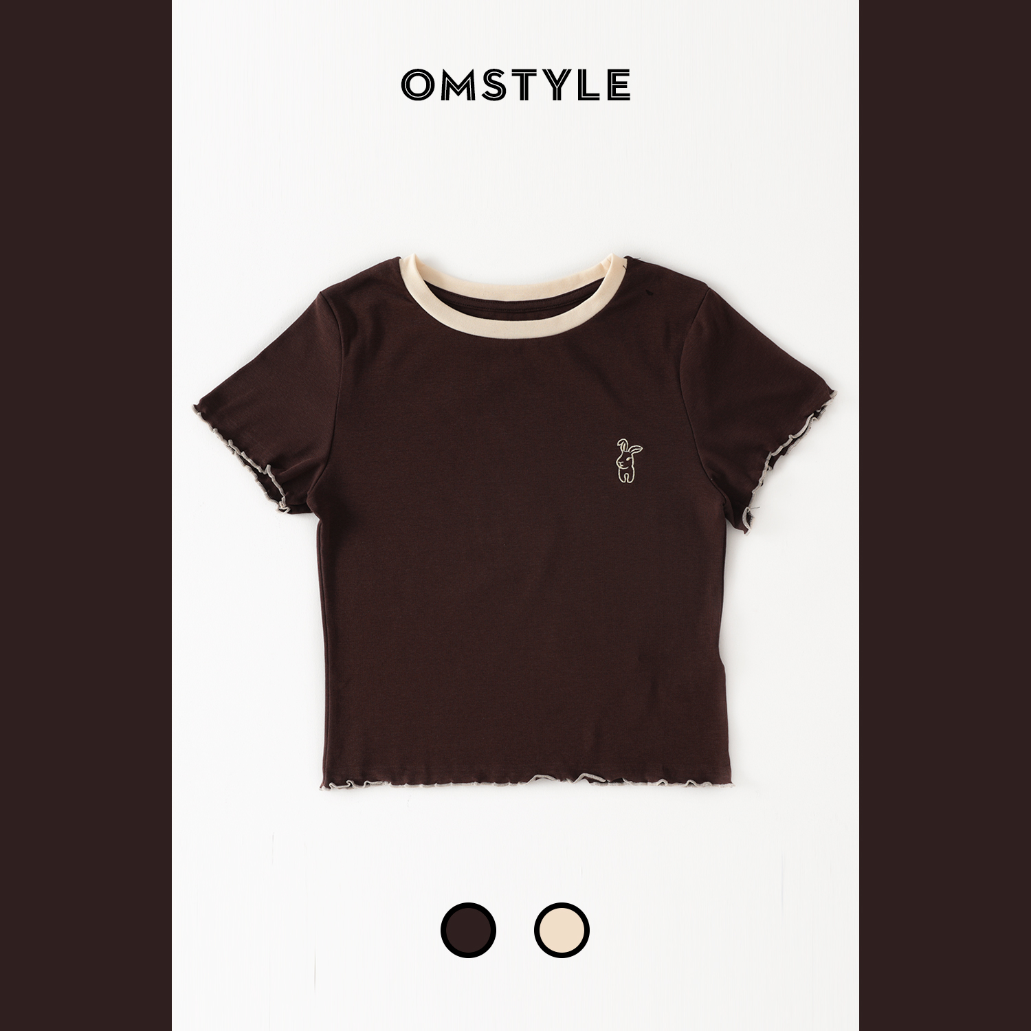 小圆领木耳边胸前兔子刺绣短袖