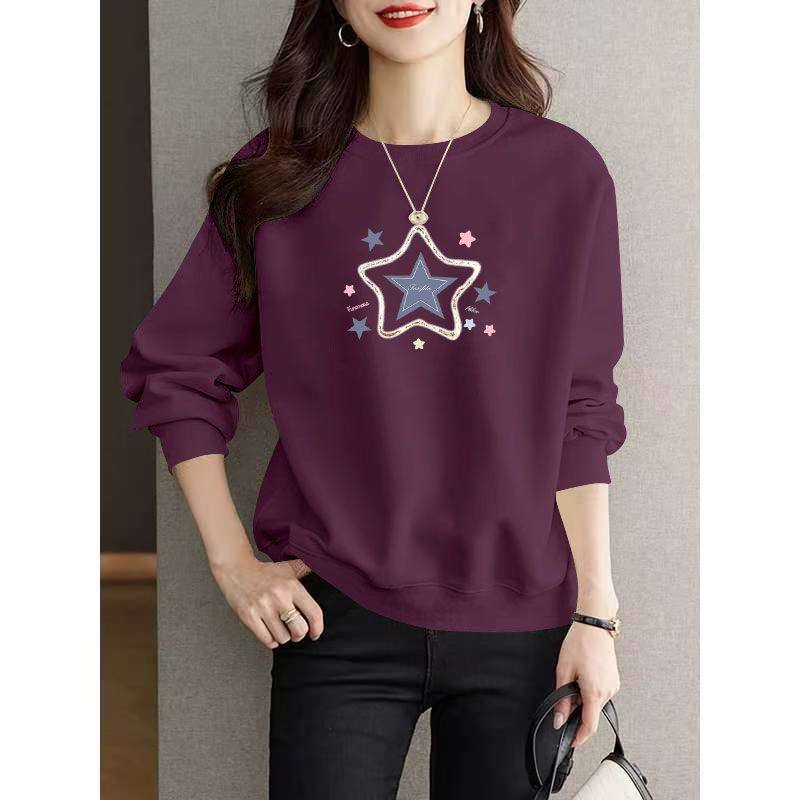 秋冬兰花紫纯棉套头卫衣女时尚洋气新款百搭宽松显瘦慵懒风上衣服