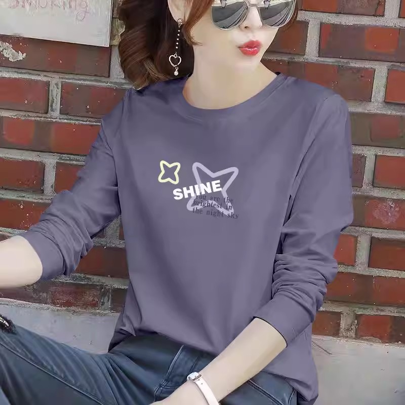 紫蓝色纯棉长袖印花T恤女春秋