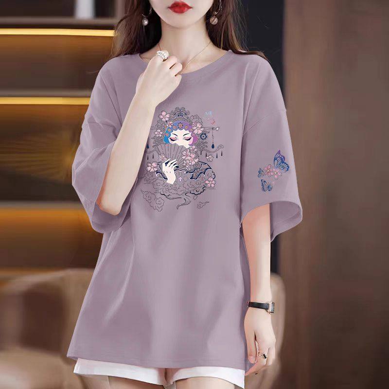 夏女装100%纯棉短袖圆领T恤韩版洋气宽松遮肚显瘦中长款百搭上衣