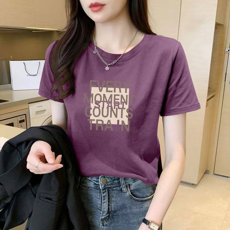纯棉暗紫色短袖休闲T恤女时尚