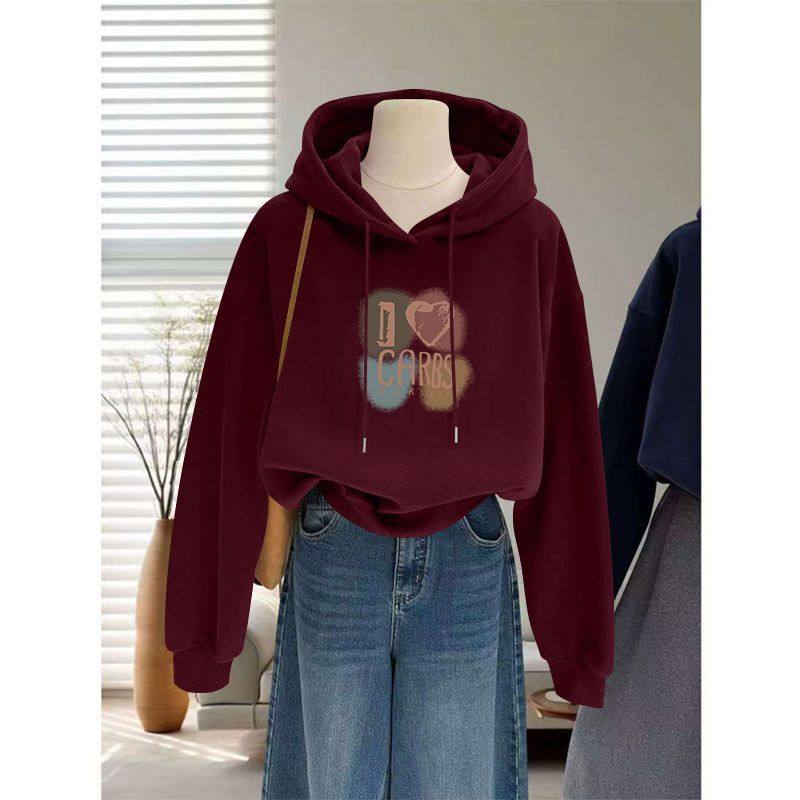 安可拉红加绒加厚连帽短款纯棉卫衣女时尚洋气百搭宽松显瘦上衣服
