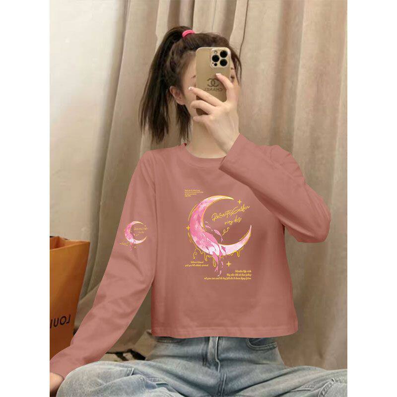 短款高腰纯棉长袖T恤女春秋新款时尚洋气韩版宽松显瘦小个子上衣