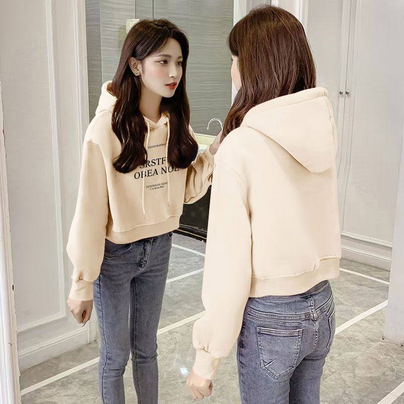 秋冬韩版加绒加厚短款高腰连帽卫衣女时尚新款百搭宽松显瘦上衣服