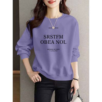 秋冬纯棉紫蓝色长袖套头卫衣女