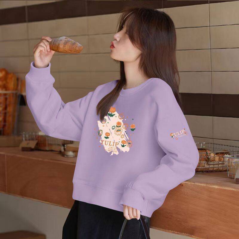 春秋纯棉紫色短款高腰卫衣女时尚洋气韩版百搭宽松显瘦慵懒风上衣