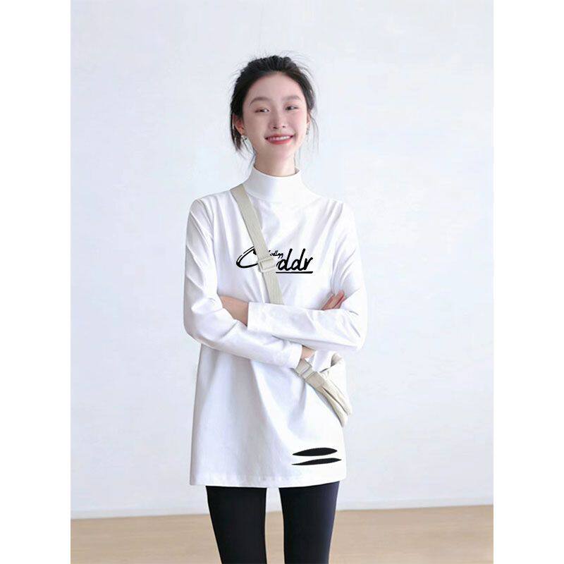 薄款/加绒 半高领中长款纯棉打底衫女秋冬新款时尚潮流百搭上衣服