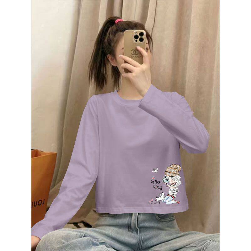 春秋100%纯棉长袖短款T恤女时尚潮流洋气百搭通勤小个子高腰上衣