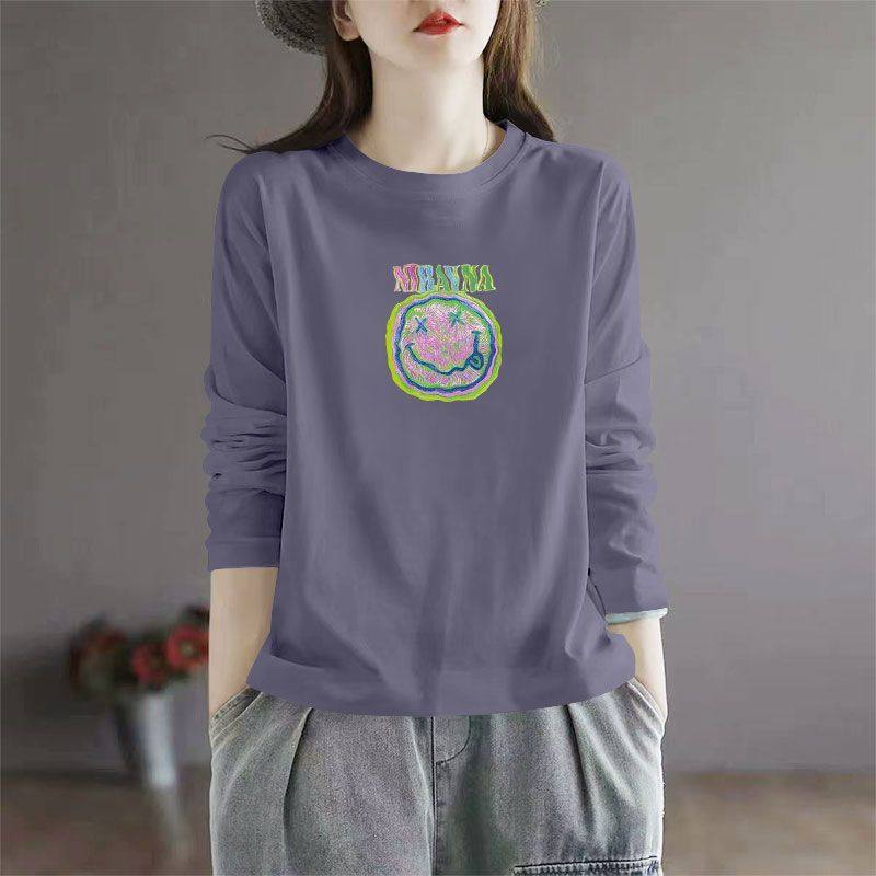 春秋100%纯棉长袖圆领T恤女时尚洋气韩版百搭宽松显瘦印花ins上衣