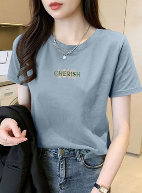 100%纯棉短袖圆领T恤女夏季新款韩版通勤洋气百搭印花爆款ins上衣