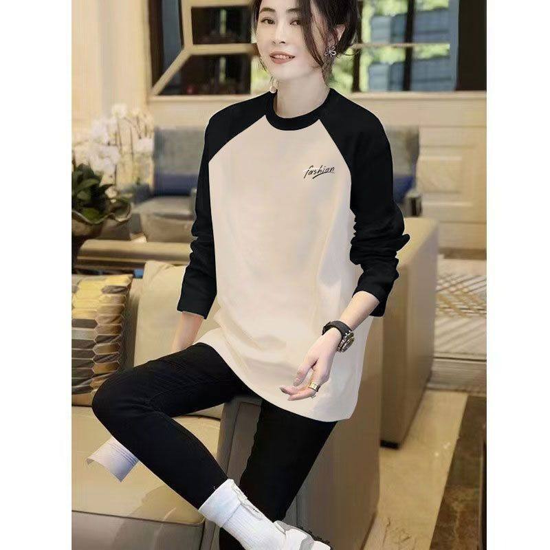 秋冬德绒撞色打底衫T恤女时尚韩版洋气宽松遮肉显瘦印花ins上衣服