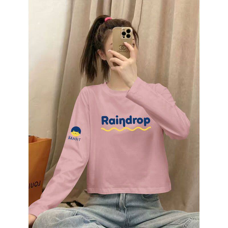 纯棉短款高腰长袖印花T恤女秋冬新款时尚潮流洋气宽松显瘦上衣服