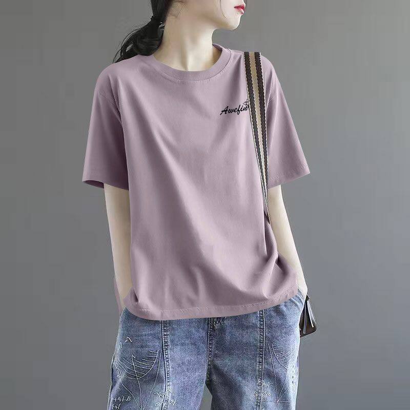 夏季女士纯棉短袖圆领T恤时尚新款洋气百搭通勤韩版宽松显瘦上衣