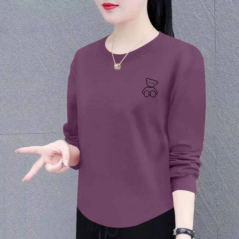 100%纯棉长袖弧形圆领T恤女