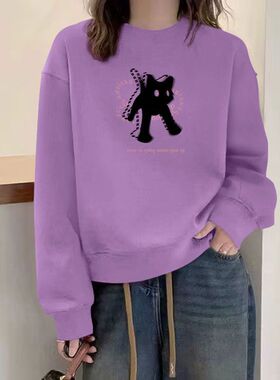 秋冬纯棉紫色短款高腰卫衣女时尚洋气韩版百搭宽松显瘦印花上衣服