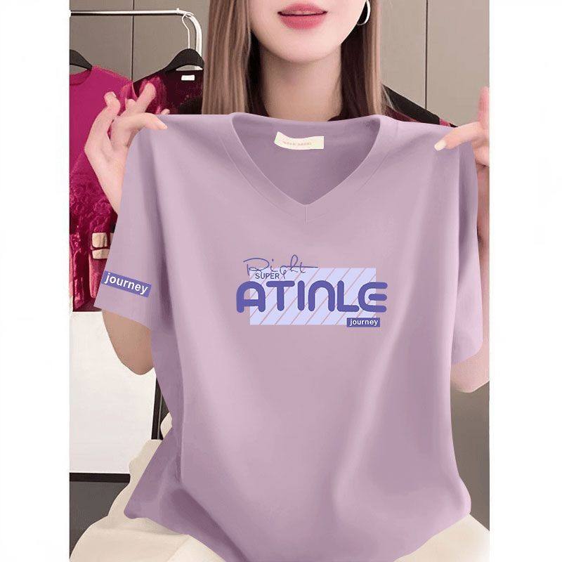 100%纯棉短袖休闲V领女士T恤时尚新款潮流百搭新款宽松显瘦上衣服