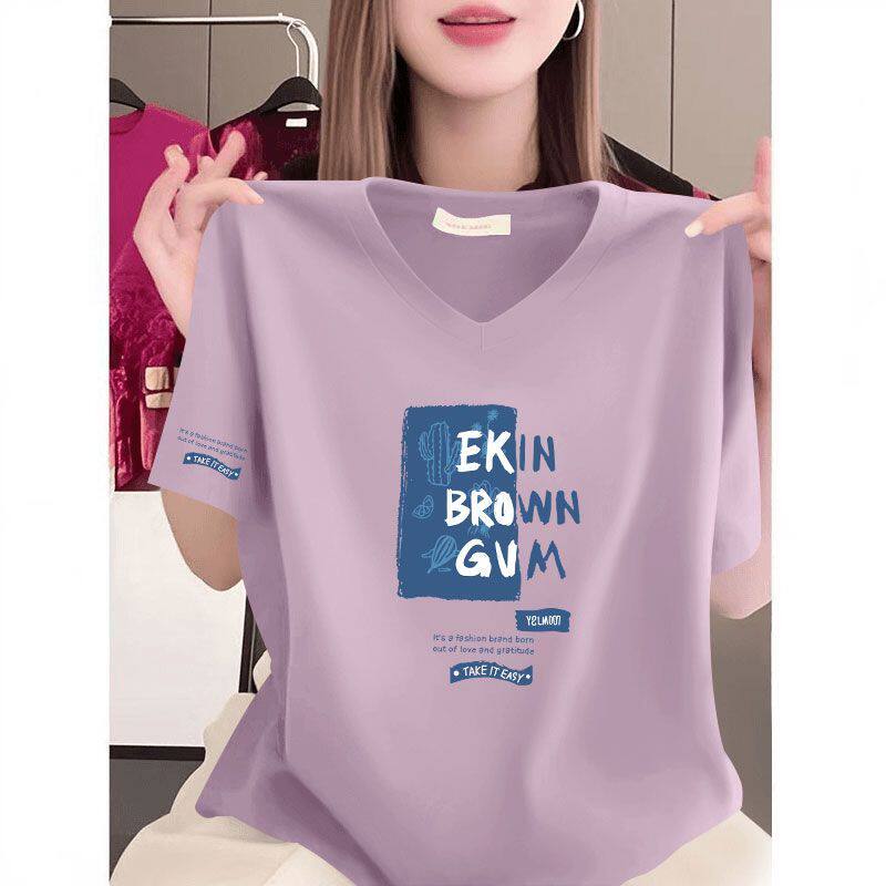 爆款纯棉女士短袖V领T恤夏季新款时尚潮流百搭印花设计感休闲上衣
