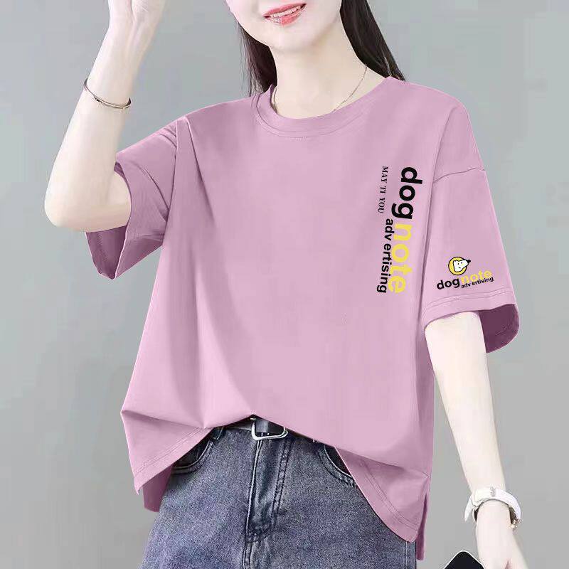 夏季纯棉大码女士短袖T恤时尚韩版洋气减龄宽松显瘦印花开叉上衣