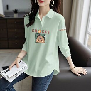 春秋纯棉抹茶绿长袖POLO衫T恤女时尚减龄百搭宽松弧形ins翻领上衣